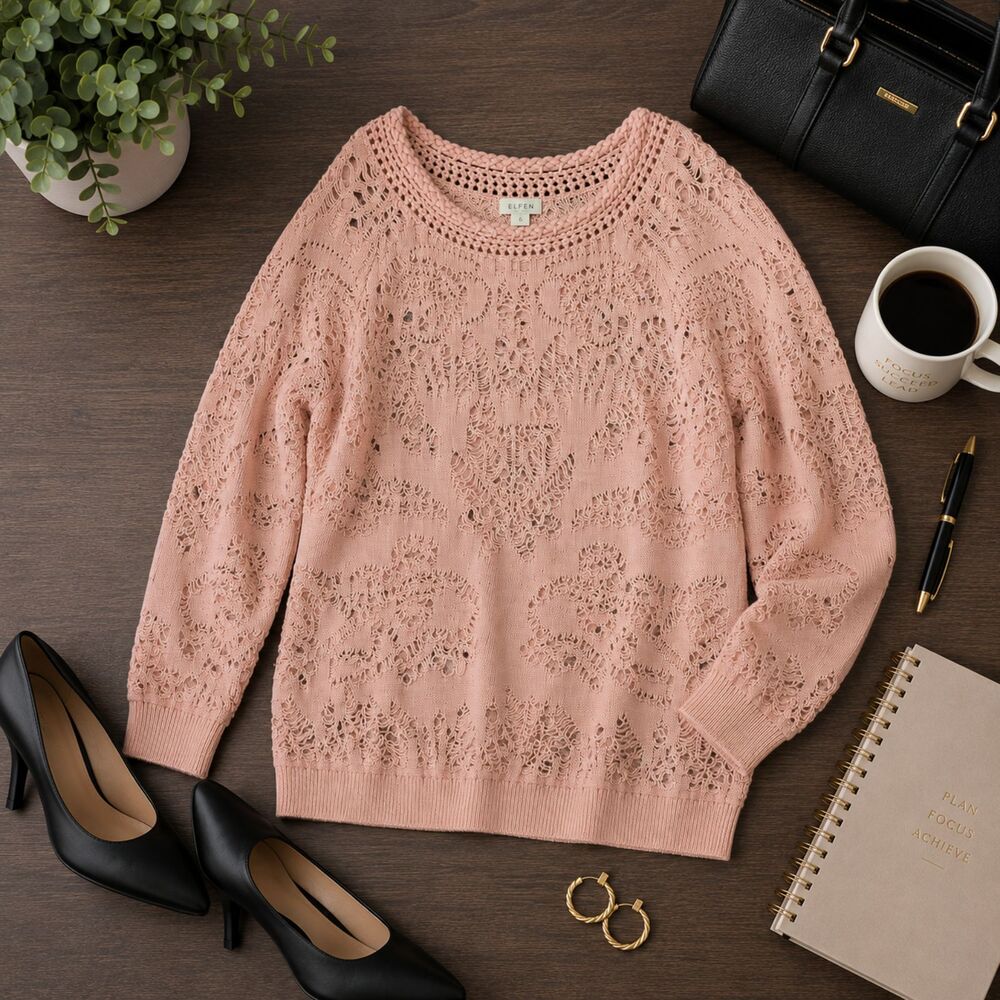 Hinge Women's Open Knit Pullover Sweater Shirt Size Small Pink (355)